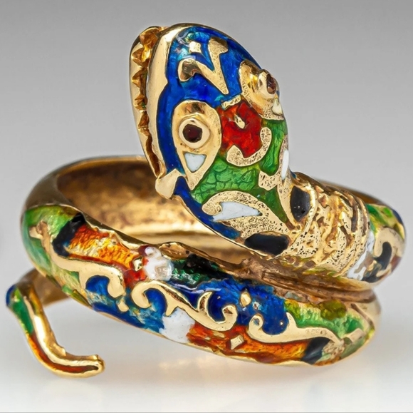 Vintage 14k Gold Enamel Serpent Wrap Coil Ring - Picture 2 of 15